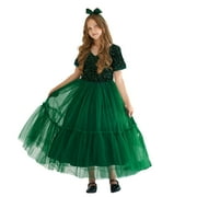 Girls Dresses Christmas Short Sleeve Bowknot Solid Color Sequin Tulle Party Evening Dress Wedding Dress Green 11-12 Years